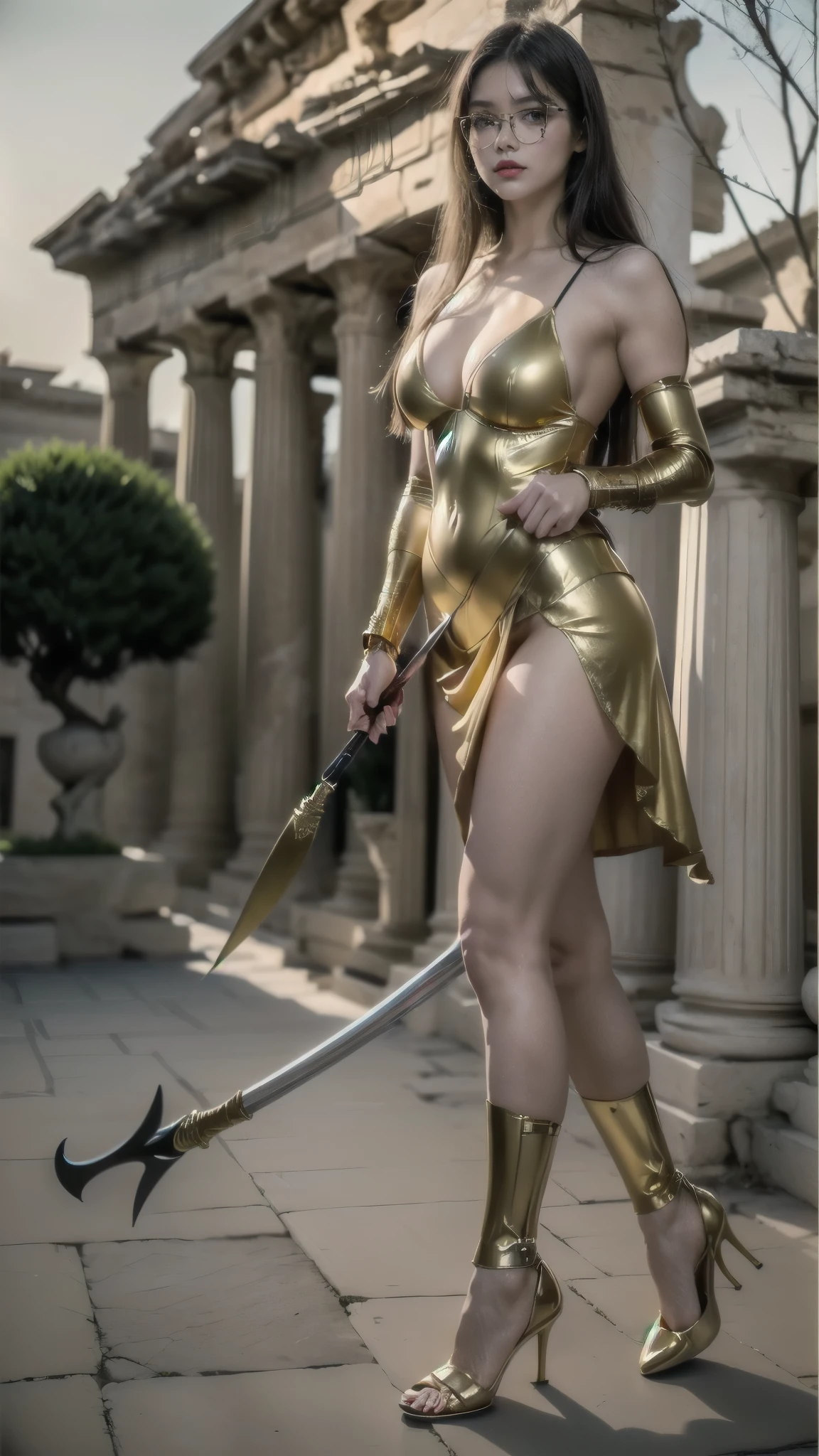 (1 , Alone, Alone), (Risa Wakatsuki, sarada uchiha,  black hair,  short hair,  black eyes,  red glasses ), ((Alone, ([1mulher,PINK LIPSTICK,  black eyes),  background ,  soft ambient lighting, 4K,  perfect eyes,   a perfect face ,  perfect lighting , the 1 )), ((fitness, , slim body,  athletic body,  toned body )) , (( Warrior woman,  armor GOLD DETAILS , greek goddess,  Warrior woman, greek dress,  white tunic, Greek Armor, gauntlets,  armored knee braces ,  high heels ,  gorgon shield , Medusa,  Holding a spear ,  owl spear ,  owl decoration ,  decorated gorgon , brown belts , imposing, grandeur, hoplita,  Greek temple in the background , staircase, trees, garden, Parthenon, Olympic, Pantheon)), ([long hair hair]:1.8), (full body:1.8), (upper body up:0.3), (hyper realistic:1.4), (realistic:1.3), (best quality real texture skin), Detailed eyes, detailed face, PERSEPHONE, persephone, (SFW:1.5) Hyperrealistic, LESS saggy , (SMALL :1.5), (HUGE LEGS:1.5), (LESS THIGHS:1.5),