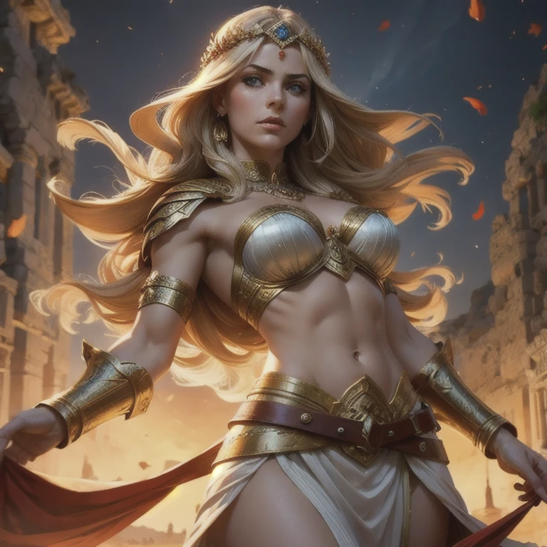 (a beautiful Greek goddess , atena, goddess of wisdom and war),  intricate and detailed face , intense eyes, loose hair,  elegant Greek armor ,  detailed muscular physique , ( photorealistic , belt,8k, best quality ,  masterpiece :1.2), dramatic lighting, cinematographic composition , light-dark lighting , dramatic shadows ,vibrant colors, epic fantasy art 