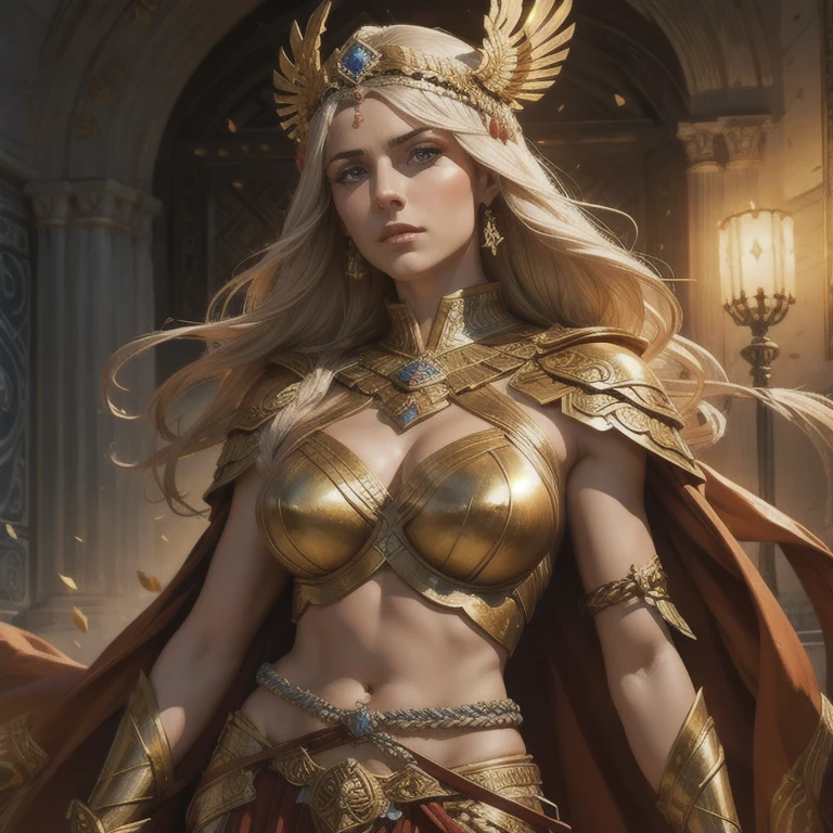 (a beautiful Greek goddess , atena, goddess of wisdom and war),  intricate and detailed face , intense eyes, loose hair,  elegant Greek armor ,  detailed muscular physique , ( photorealistic , belt,8k, best quality ,  masterpiece :1.2), dramatic lighting, cinematographic composition , light-dark lighting , dramatic shadows ,vibrant colors, epic fantasy art 