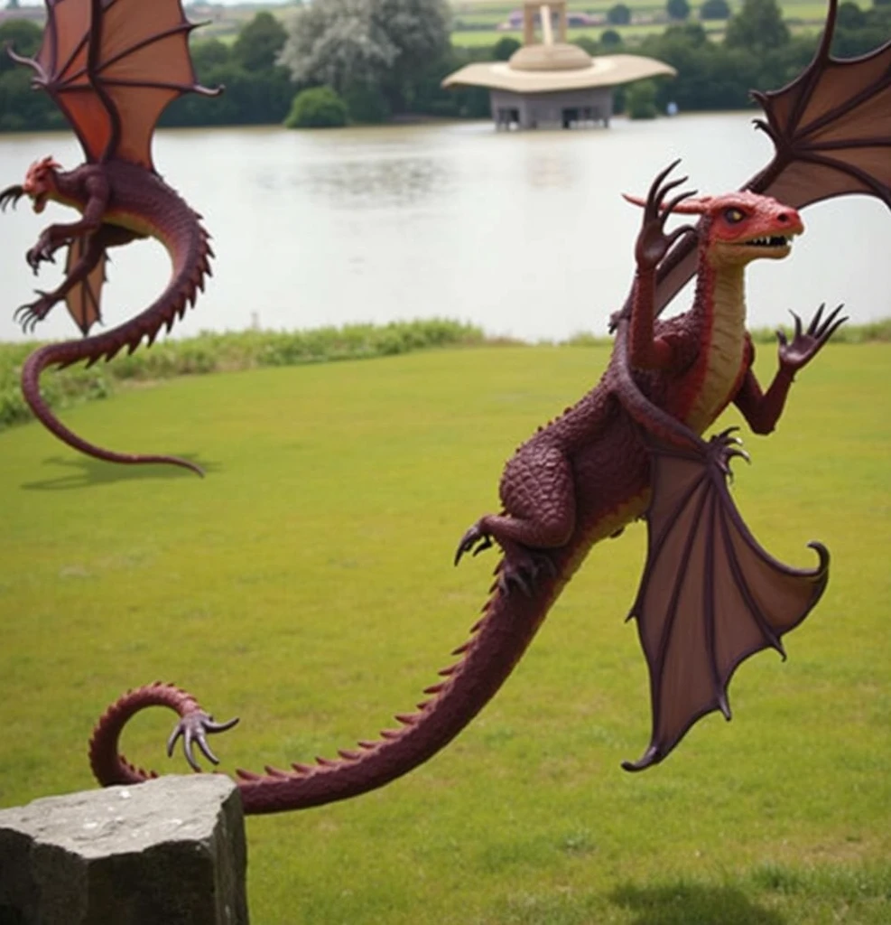 Four-legged maroon royal dragon spreading its wings standing on a grassland plot