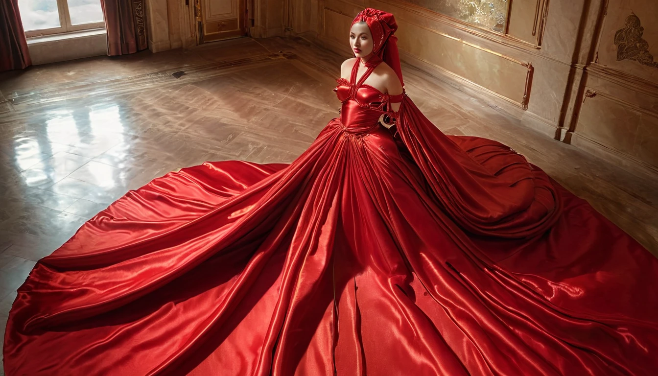 A woman shrouded in a 10-meter-long, plush red satin cloth, sexy tall women with big brest, nipelle on, tightly bound and grandly draping along the form of her body, wear sexy corset, flowing off into a pooled floor-length train, styled in a mermaid-inspired outfit with very long train outfit, her head modestly veiled in a satin hijab, tall woman, standing in high place, a full-body pose conveying a sense of mysterious elegance, captured in a 4k resolution, ultra-realistic