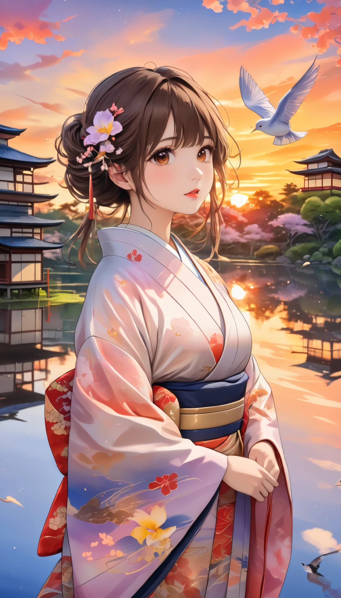 (masterpiece,  high definition , High image quality, 8k,  best quality), Japanese painting,  Watercolor and Oil Paintings Fusion ,  beautiful brown eyes, Shiny, silky, tousled hair,  adorable cute expression ,  perfect proportions, Mid-chest, Wearing a colorful Japanese kimono, evening clouds , Sunset,  birds are flying, Iris Effect,  backgrounds, 