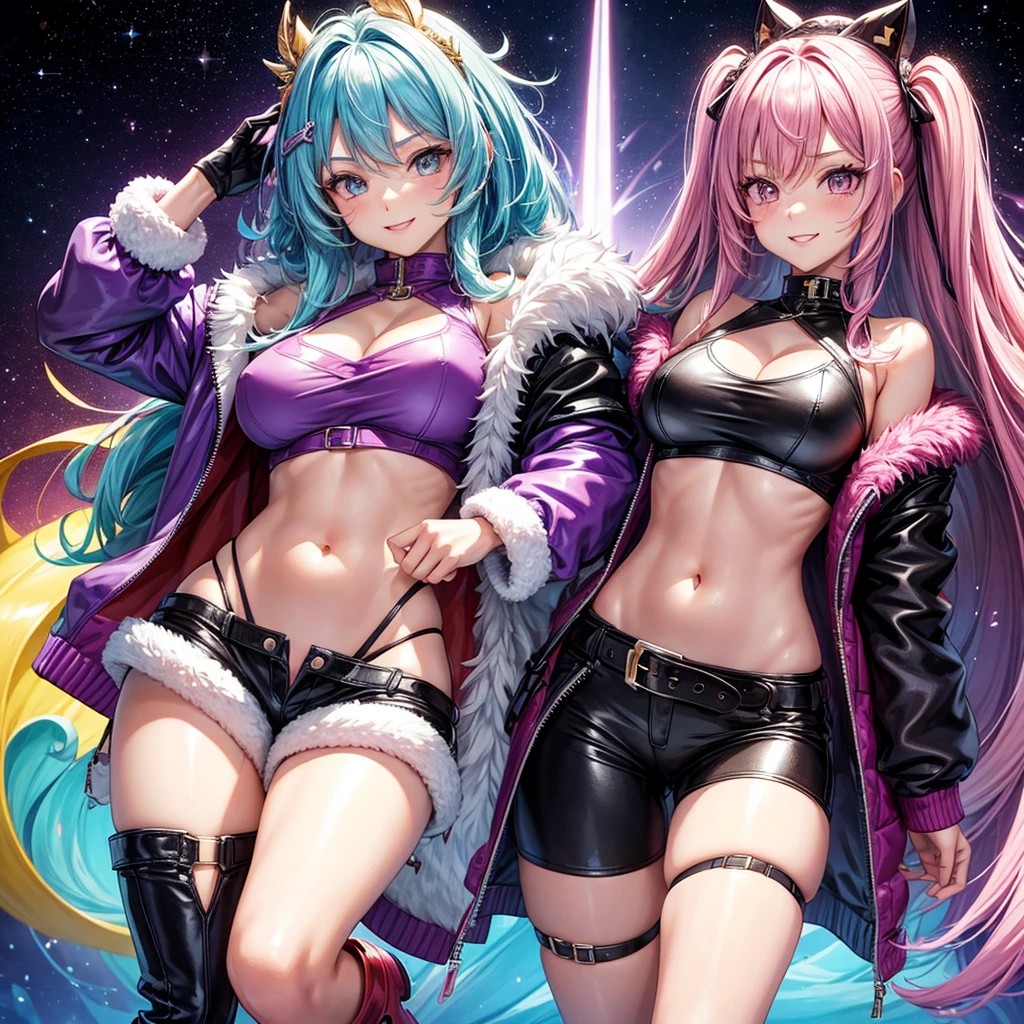 a beautiful female, 2 girls, rainbow color, cat ears, rainbow hair, stylish hair, mechanical wings, fantasy, jungle, nature, wildernes, beach, palmtreas, fruit, lens flare, ancient ruins, closeup, no pants, machine, cars, street, neon signs, planets, no clothes, nudist, neon green hair, space buns, giant tentacles touching,X-rays and extreme ultraviolet radiation emitted by solar flares are absorbed by the daylight side of Earth's atmosphere and do not reach the Earth's surface. Therefore, solar flares pose no direct danger to humans on Earth. However, this absorption of high-energy electromagnetic radiation can temporarily increase the ionization of the upper atmosphere, which can interfere with short-wave radio communication, and can temporarily heat and expand the Earth's outer atmosphere. This expansion can increase drag on satellites in low Earth orbit, which can lead to orbital decay over time. rainbow hair, fractal galaxy sky, busy scene, amazing, with cute face and long hair, cyberpunk city, mega robots, high technology, city, very detailed, no clothes, Ethereal Cyberverse, Extreme abs, Cybernetic Frequential Fusion,nudist,