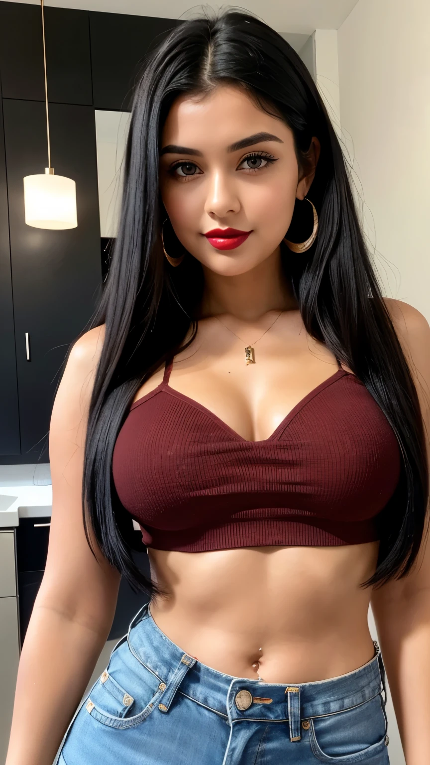 a magnificent young woman in her twenties, with Latino features. She has long, straight black hair that falls loosely over her shoulders. Her face has soft and balanced contours. She has large, well-defined dark brown eyes with long, thick eyelashes and well-arched black eyebrows. His nose is straight and slightly refined, proportionate to his face. Her lips are full and defined, with a natural color, and they are closed, contributing to her neutral expression. Her skin is matte, smooth and without visible imperfections. She is wearing a black t-shirt. She holds a small credit card clearly visible in her right hand. She takes a selfie.
