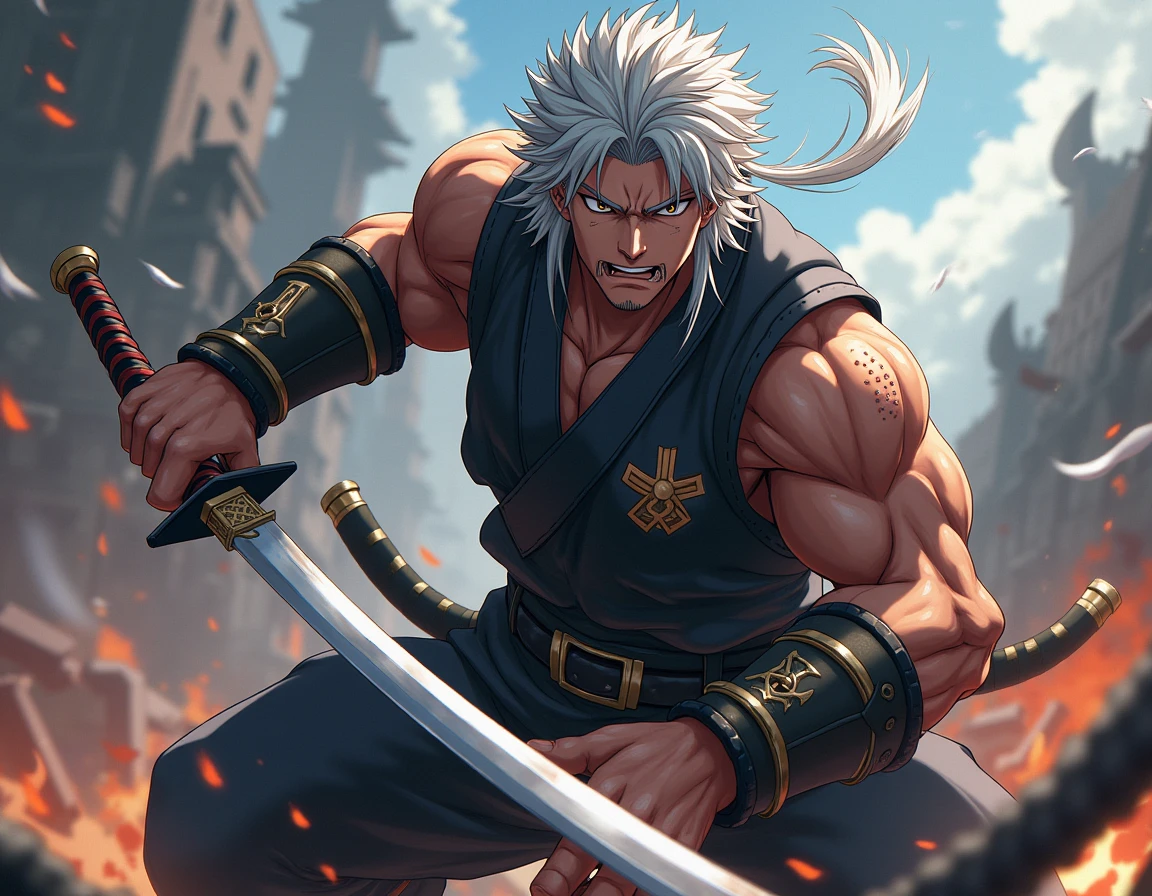 3D, realistic, full portrait, Kenpachi, muscular, holding two blood-drenched swords, ready to deliver a deadly slash, intense gaze, fierce expression, tattered clothing, scars, battle-worn, powerful aura