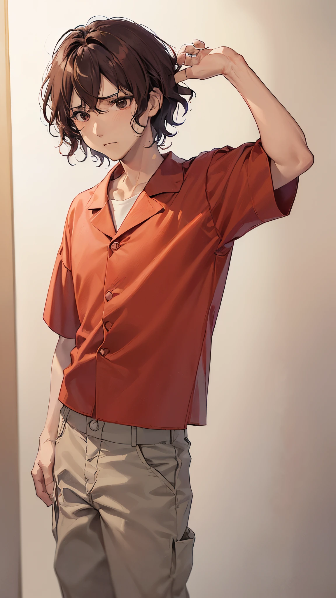 (((The background is a pure white wall)))、masterpiece,  best quality,  impasto, Alone, (((1 male,, 25-year-old male))),  Brown Hair,    medium hair、 cowboy shot from Niigata,    Standing Alone  、(((White Cargo Pants)))、((( bob hair、Perm Hair)))、(((Frame In)))、((( male solo shot   )))、(((I'm sad )))、((( depressed expression)))、(((I'm wearing white cargo pants )))、(((I'm wearing a red Hawaiian shirt )))、((( I'm wearing a short-sleeved Hawaiian shirt)))、(((red aloha shirt )))、(((Brown Hair)))、(((One male)))、(((Brown Hair)))、(((White Cargo Pantsを履いています)))