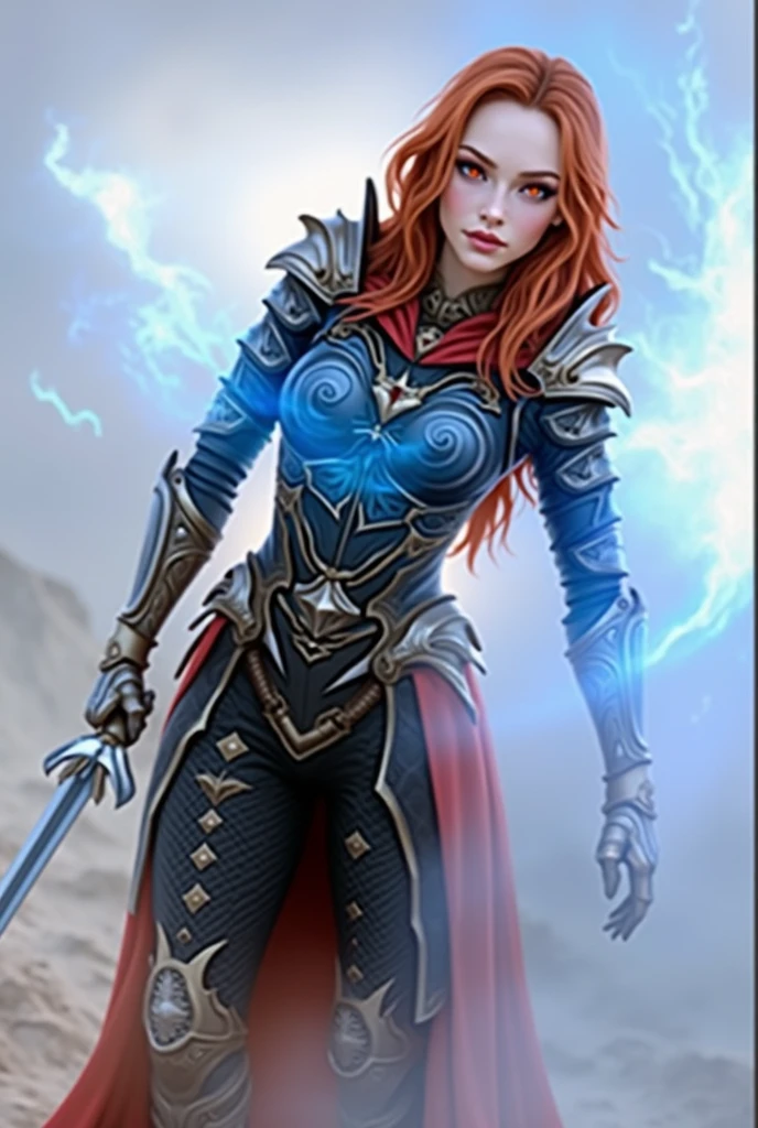 D&D art Full body, (Masterpiece, best quality). Female, dwarf (Masterpiece, best quality). Cleric, (Masterpiece, best quality) , with a long, braided red hair (Masterpiece, best quality). Armed in the right hand with a yellow, radiant sword, with runes on it (Masterpiece, intense details). Holding a shield in the left hand (Masterpiece, intense details). Wearing heavy Armor and shield (Masterpiece, intense details). Donning bellowing blue cloak with axe sigils (Masterpiece, intense details) with a cathedral background (Masterpiece, intense details) --auto --s2
