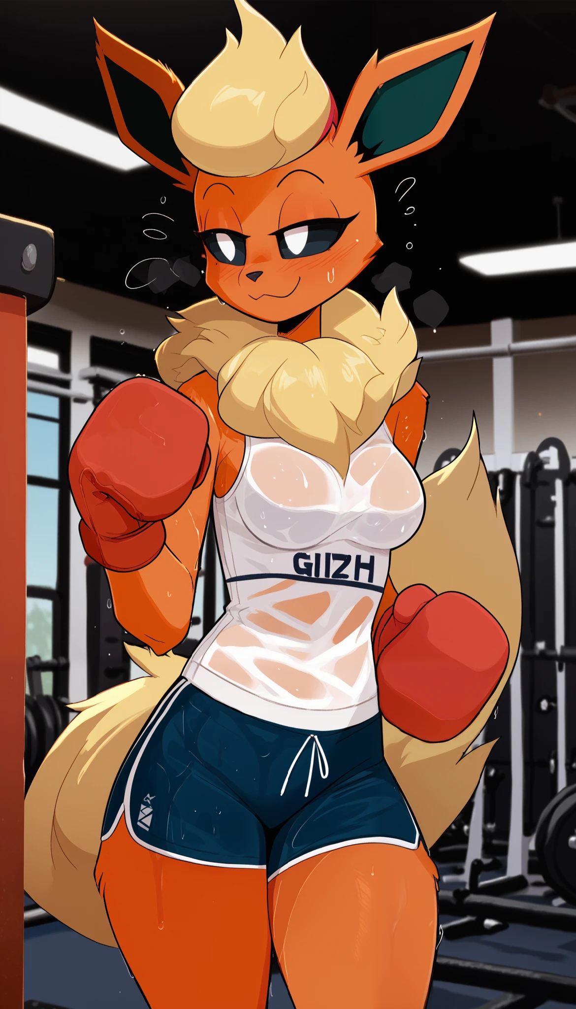 Excited expression, 1girl, anthro, furry, orange fur, fluffy fur, flareon girl, flareon ears, flareon tail, yellow hair (red highlights), black sclera, white eyes, short hair, Messy hair, (19 years), medium breast, thicc thighs, solo, (gym), detailed, smug smile, Boxer, white sports top, red sport shorts, red boxing gloves, (sweating), (wet clothes), see-through clothes, (kilinah), score_9, score_8_up, score_7_up, score_6_up, score_5_up, score_4_up