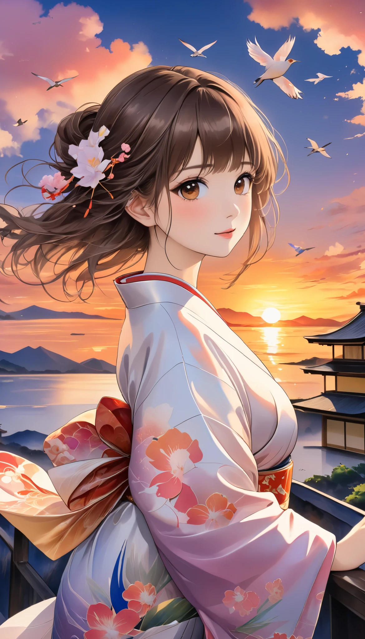 (masterpiece,  high definition , High image quality, 8k,  best quality), Japanese painting,  Watercolor and Oil Paintings Fusion ,  beautiful brown eyes, Shiny, silky, tousled hair,  adorable cute expression ,  perfect proportions, Mid-chest, Wearing a colorful Japanese kimono, evening clouds , Sunset,  birds are flying, Iris Effect,  backgrounds, 