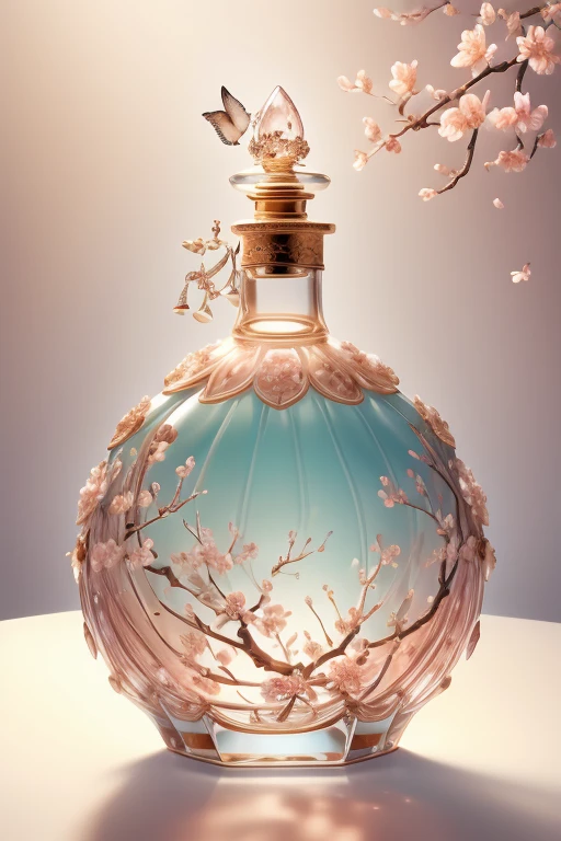 Bottle Design 、 Ornate Gothic Carved Luxury Perfume Bottles、　 Decorated with Beautiful Cherry Blossom Flowers and Birds 、White background　Gold Lighting 、Precisely made 、 shot by a professional photographer 、Excellent lighting、 greatest masterpiece