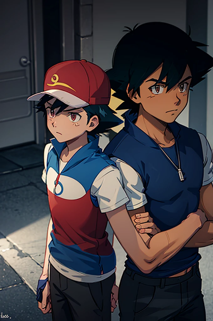 Ash Ketchum at 18 tall , muscular and his faithful companion Pikachu on his shoulder