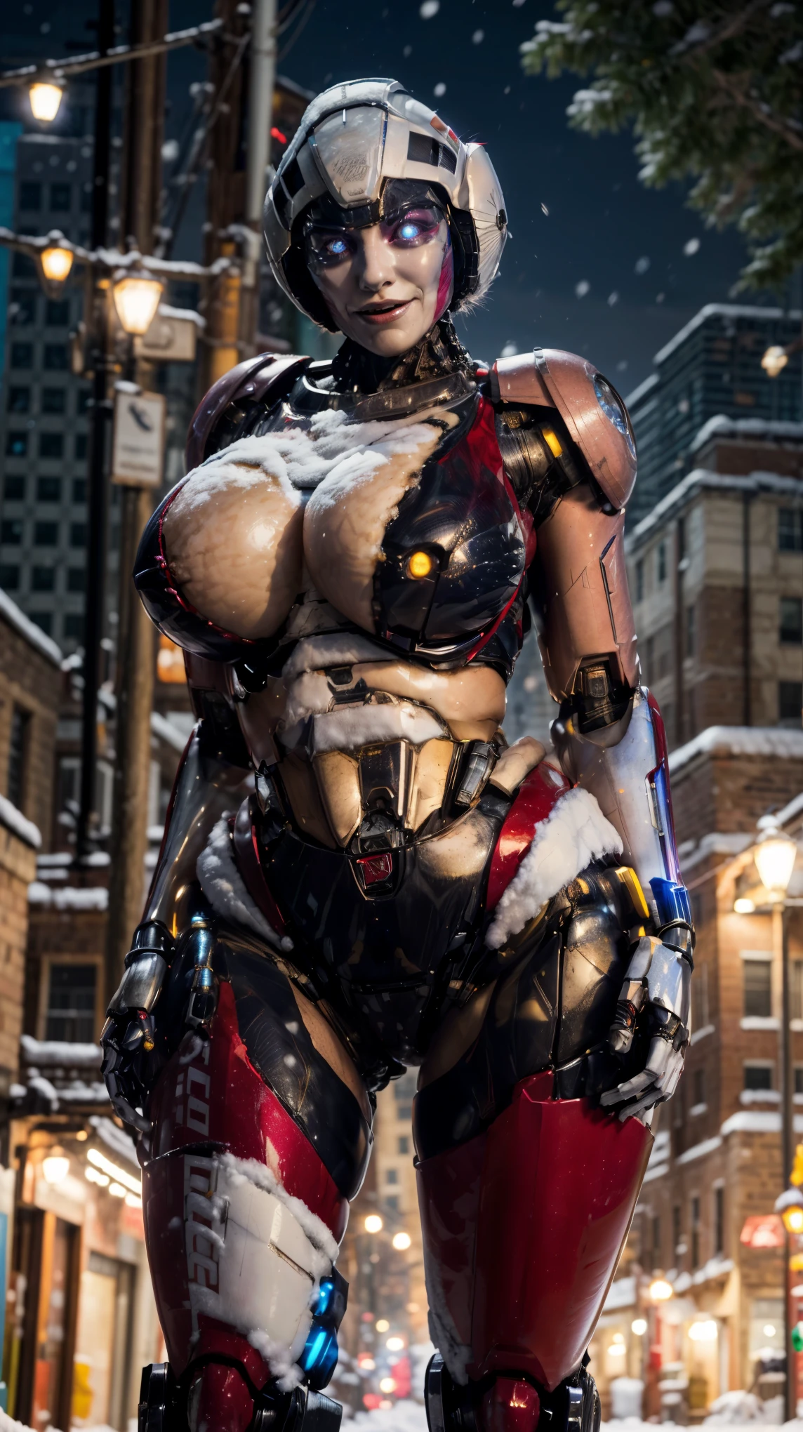 ROTB_Arcee, 1girl, big breasts, smile, robot, mecha, (glowing eyes:1.2), Christmas tree, Christmas gifts, outdoors, wide hips, navel, thick thighs, snow falling on street,