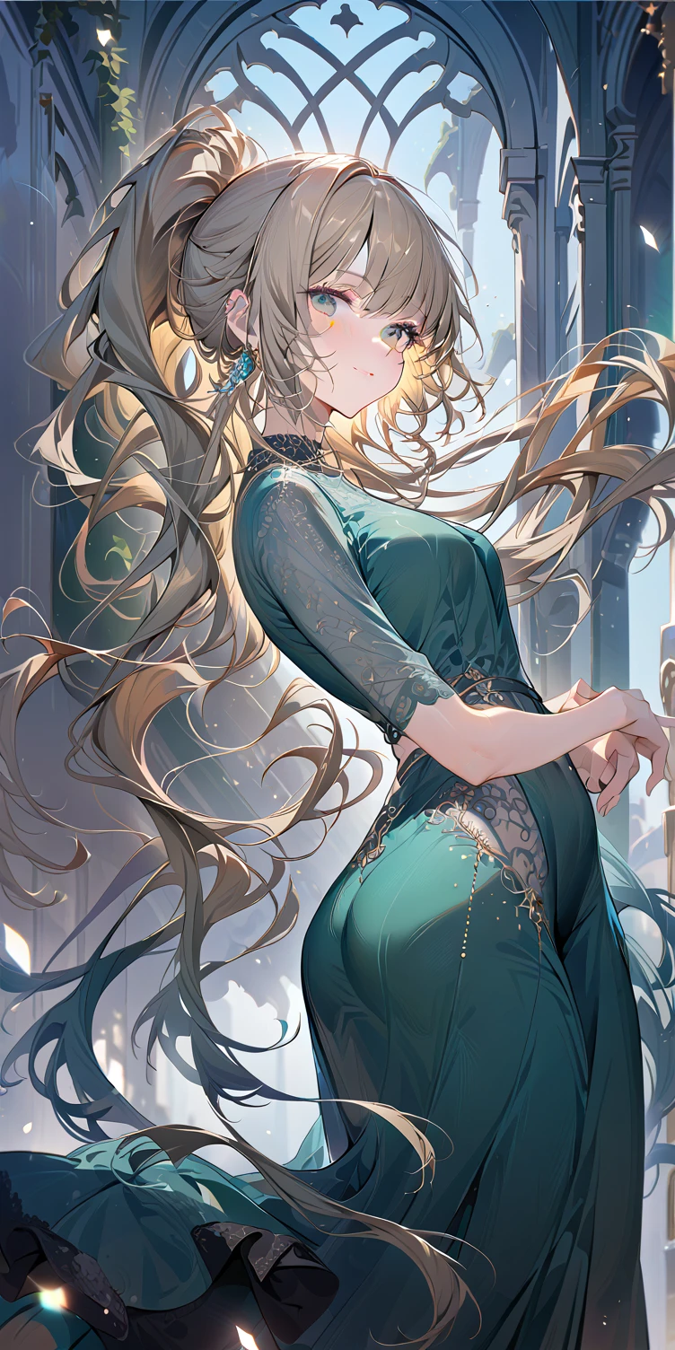 1girl, Rose gold blonde hair,  absurdly long wavy hair ponytail, emerald green eyes, small mouth, slender body, large breast, hands on hip, lace long dress, ribbons swaying, white background, contrapposto, gentle smile, look at viewer, soft focus, lens flare, masterpiece, best quality, pastel tones, lace details, ultra-detailed texture, perfect composition, high resolution, sharp focus, delicate brushwork, Vector Art, 2D flat, sleek design, AddXL, Dream Scenery.