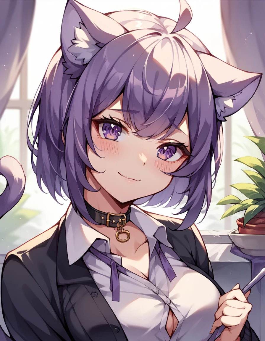 best quality, masterpiece, beautiful eyes, beautiful hair, beautiful face, beautiful skin, BREAK okayu_casual, dress shirt, purple ribbon, button gap, no pants, black cardigan, animal collar, cat tail, ahoge, BREAK [[smile]], troubled eyebrows, aroused, embarrassed, 