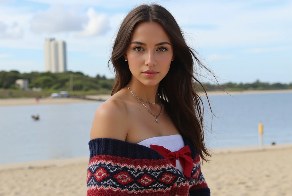 1girl in, age 20, Square face, Long hair, Looking at Viewer, jewelry, Realistic, A sexy, sweater outfits, multicolored outfits, beach background, free pose Cabelo preto, cabelo liso, pele bronzeada, magra, baixa altura, brasileira