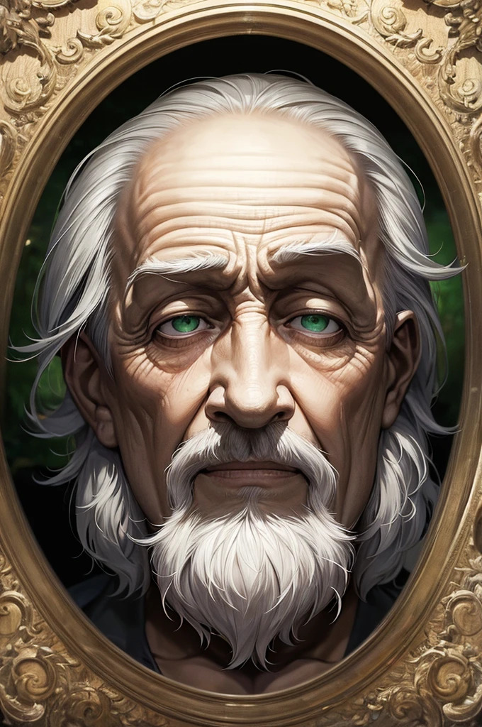 [art, ultra graphic, details in image, 4k, 32k, anime] image focused on character's face, elderly man, green eyes, king, staring at viewer, gentle expression, image inside an old frame