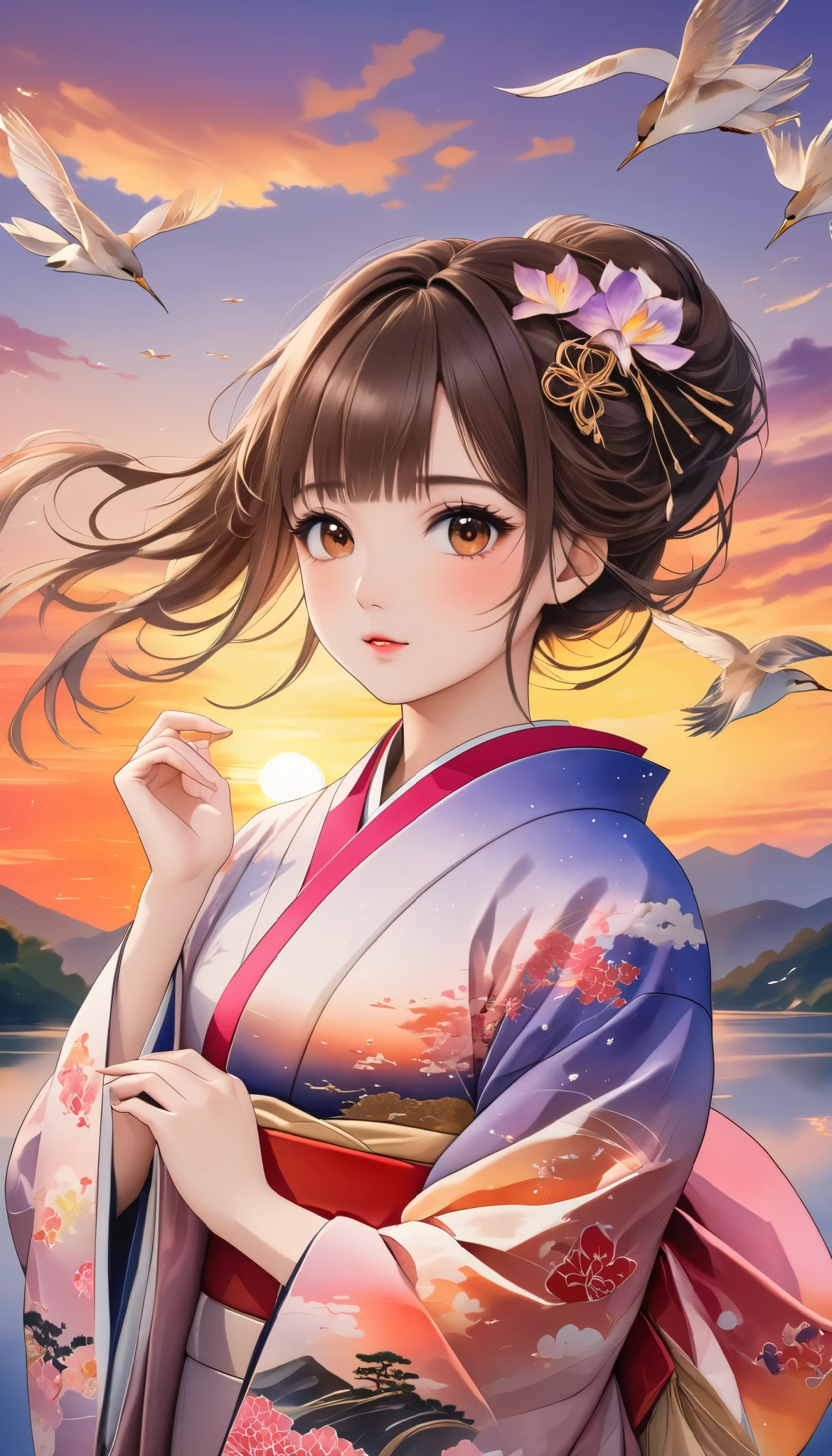 (masterpiece,  high definition , High image quality, 8k,  best quality), Japanese painting,  Watercolor and Oil Paintings Fusion ,  beautiful brown eyes, Shiny, silky, tousled hair,  adorable cute expression ,  perfect proportions, Mid-chest, Wearing a colorful Japanese kimono, evening clouds , Sunset,  birds are flying, Iris Effect,  backgrounds, 