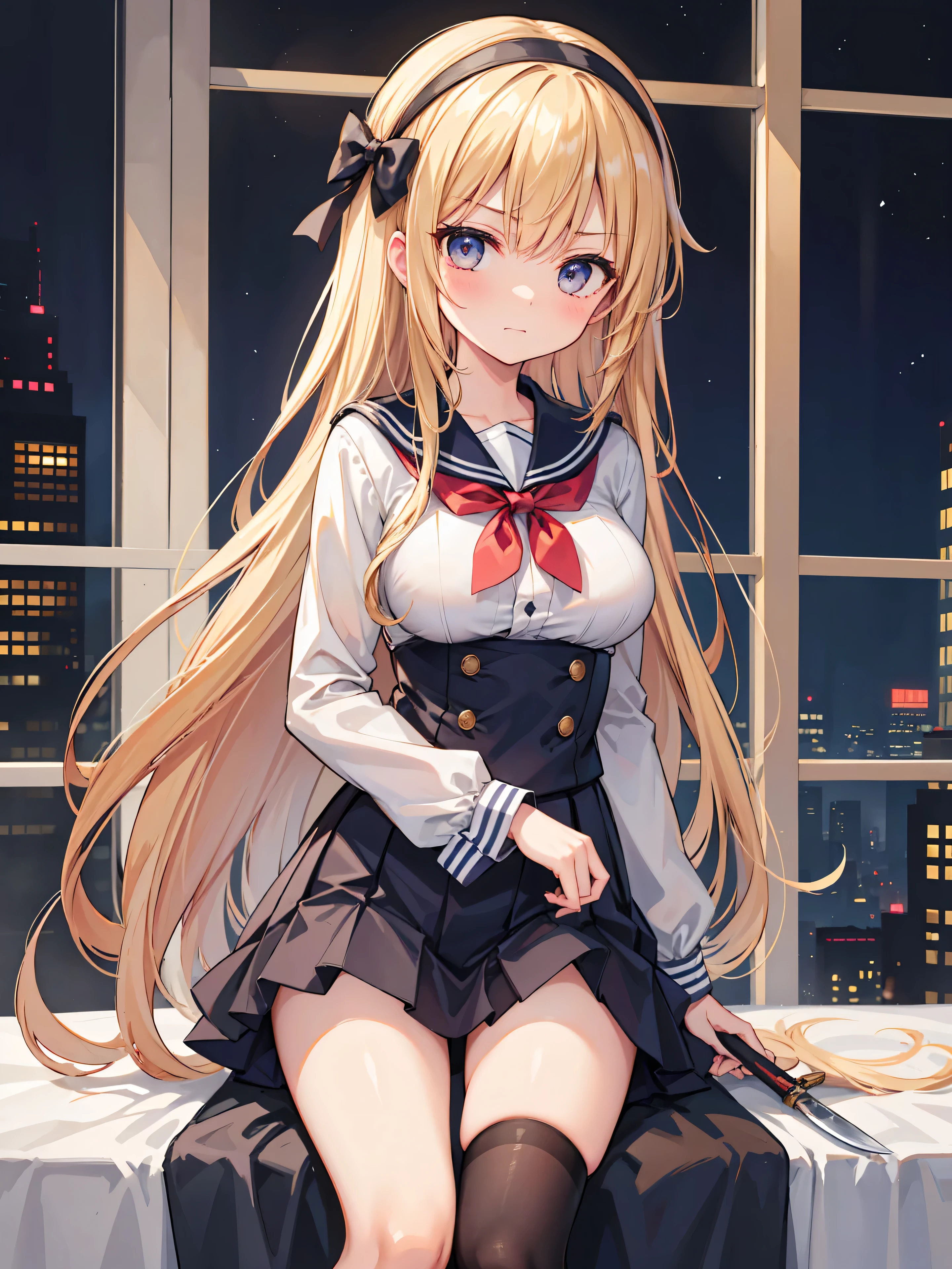 Beautiful long blonde Embarrassing Girl in a sailor suit Pleated skirt Micro Mini Skirt Long sleeve Skirt lifted City of night While crying Small breasts Panties with lace