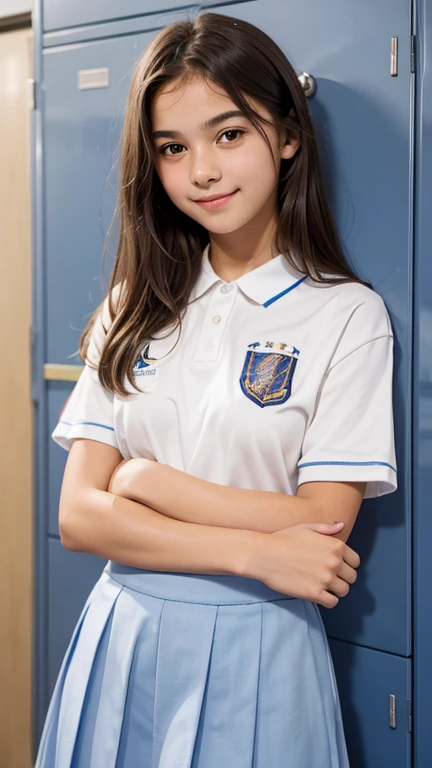 neat college girl, petite, (school uniform, summer clothes, short sleeves), outside the athletic field, (slim), photorealistic, detail, skin texture, ultra detail, delicate sexy collarbone, smile, super detailed face, detailed lips, detailed eyes, breast enhancement, waist thin