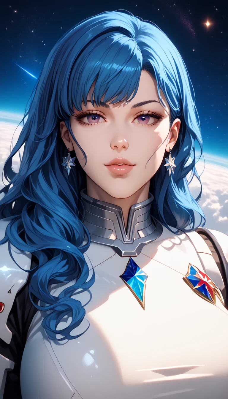 best quality, detailed, 4k, raw photo, masterpiece, detailed face,, stars, planets, galaxy, space,, a photo of anycemar flying in space, blue hair, bangs, long hair, looking at viewer, Score_9, Score_8_up, Score_7_up, Score_6_up, Score_5_up, Score_4_up, Source_anime, Tag1, Tag2, Quality_masterpiece, Anatomically correct, Beautiful face, Perfect face, Highly detailed beautiful face and eyes, Attractive face, Detailed face, Delicate facial features, Detailed skin, Huge breasts, 