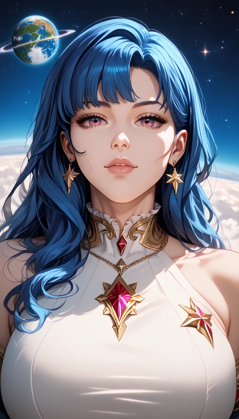 best quality, detailed, 4k, raw photo, masterpiece, detailed face,, stars, planets, galaxy, space,, a photo of anycemar flying in space, blue hair, bangs, long hair, looking at viewer, Score_9, Score_8_up, Score_7_up, Score_6_up, Score_5_up, Score_4_up, Source_anime, Tag1, Tag2, Quality_masterpiece, Anatomically correct, Beautiful face, Perfect face, Highly detailed beautiful face and eyes, Attractive face, Detailed face, Delicate facial features, Detailed skin, Huge breasts, 