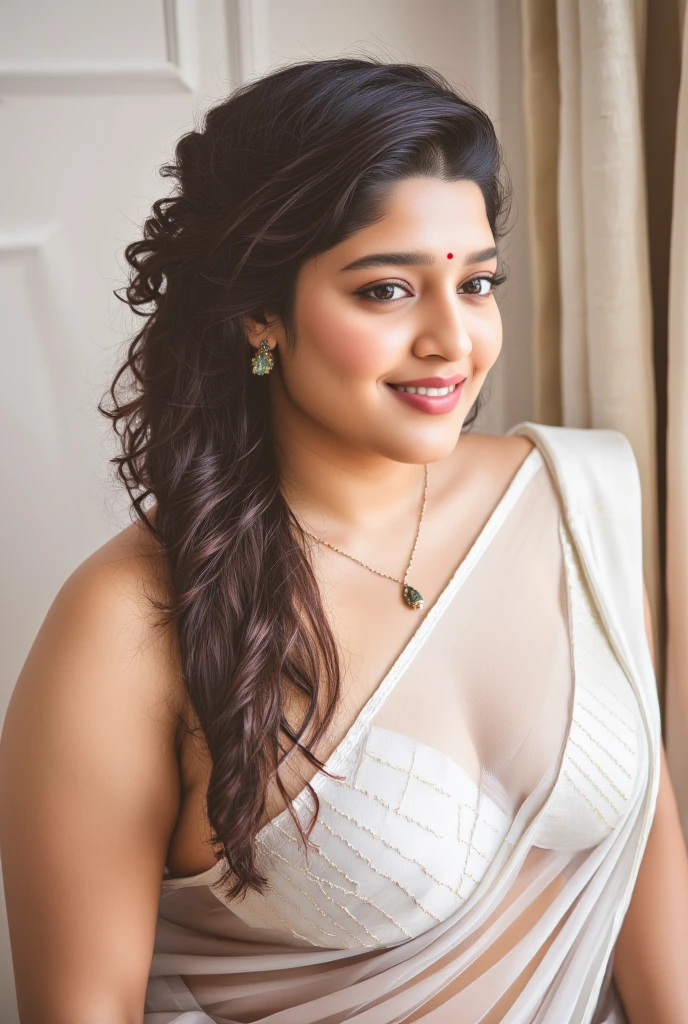 full body,front view,full body,big boobs,nude,nude,transparent saree,transparent white bra,walking position,transparent white bridal veil,long necklace and black mole on side boob,smile,indian curvy body,