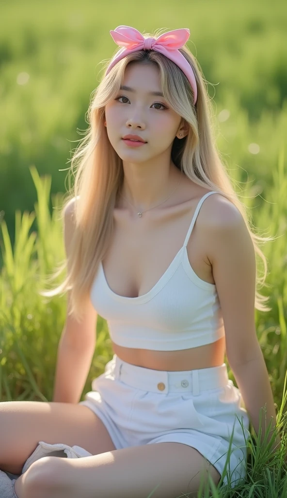 , concept art, realistic, 1woman, farmer, field, shiny skin, blush, beautiful face, green eyes, blonde hair, crownbraids, large round breasts, one hand on breasts, masturbating, tan lines, dutch angle, red nail polish, sunlight, wind, flying leaves, sun flowers, kneeling on haybail, looking at viewer from behind, posing, (smiling:0.6) expressiveH, topless, frills, midriff, farm, field,