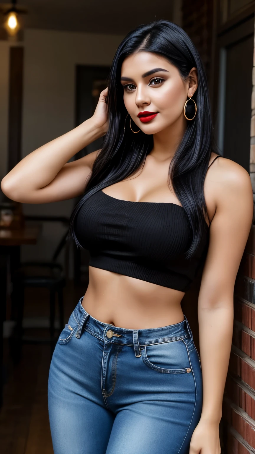 (Master piece), 1girl, long black hair, black eyes, glow eyes, unkind face, very detail face, Wearing a black plaid shirt inside a white tank top, blue short jeans shredded, white shoes, left ear earring, ring tatoo, full body, sit at cafe, 4k, 8k, ultra detail.