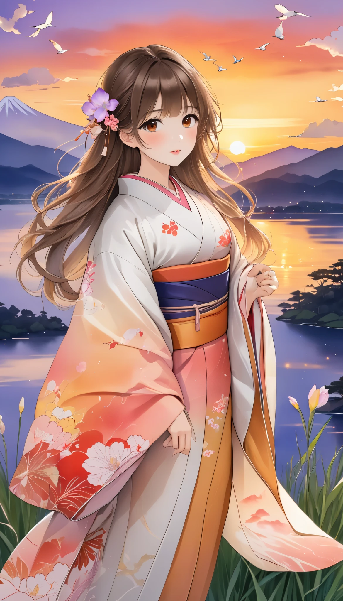 (masterpiece,  high definition , High image quality, 8k,  best quality), Japanese painting,  Watercolor and Oil Paintings Fusion ,  beautiful brown eyes, Shiny, silky, tousled hair,  adorable cute expression ,  perfect proportions, Mid-chest, Wearing a colorful Japanese kimono, evening clouds , Sunset,  birds are flying, Iris Effect,  backgrounds, 