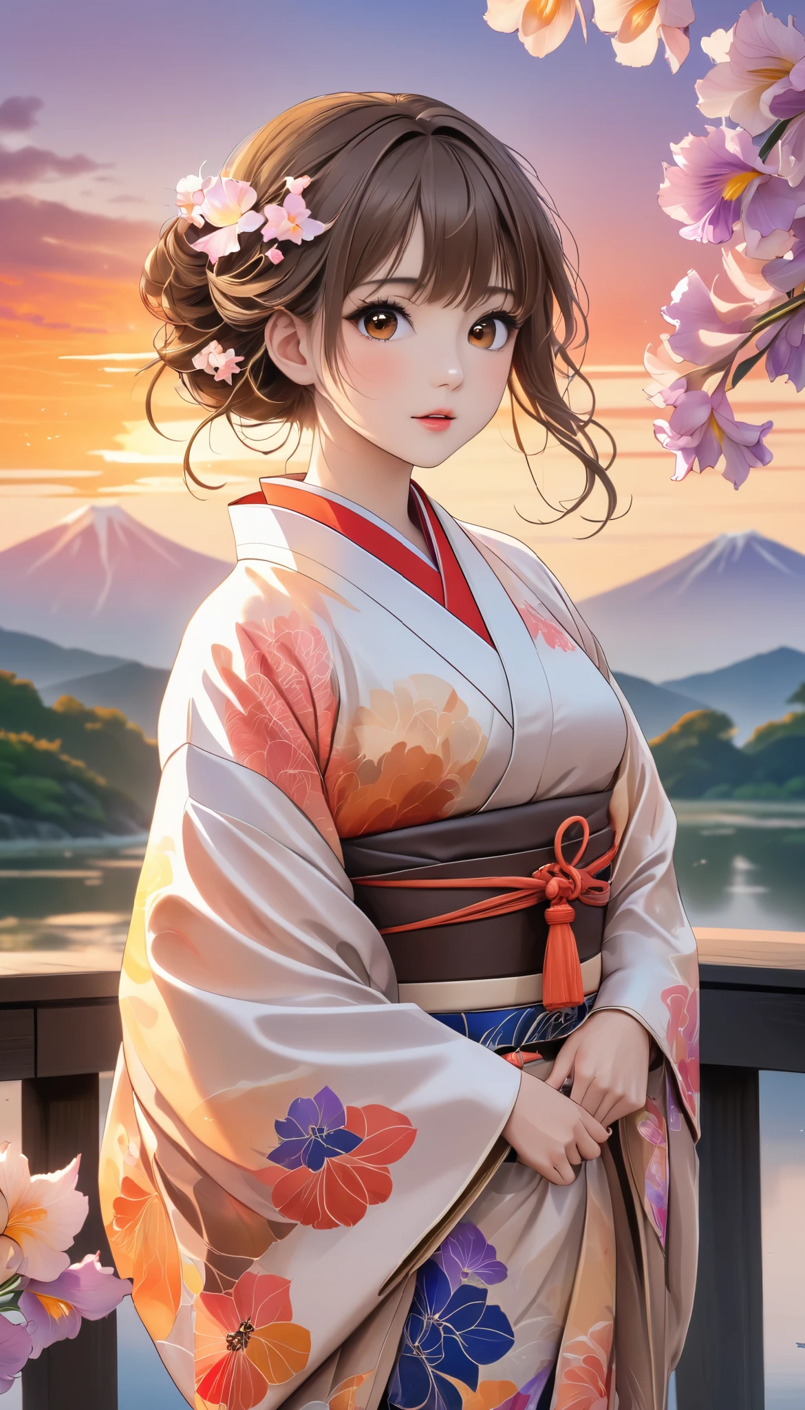 (masterpiece,  high definition , High image quality, 8k,  best quality), Japanese painting,  Watercolor and Oil Paintings Fusion ,  beautiful brown eyes, Shiny, silky, tousled hair,  adorable cute expression ,  perfect proportions, Mid-chest, Wearing a colorful Japanese kimono, evening clouds , Sunset,  birds are flying, Iris Effect,  backgrounds, 