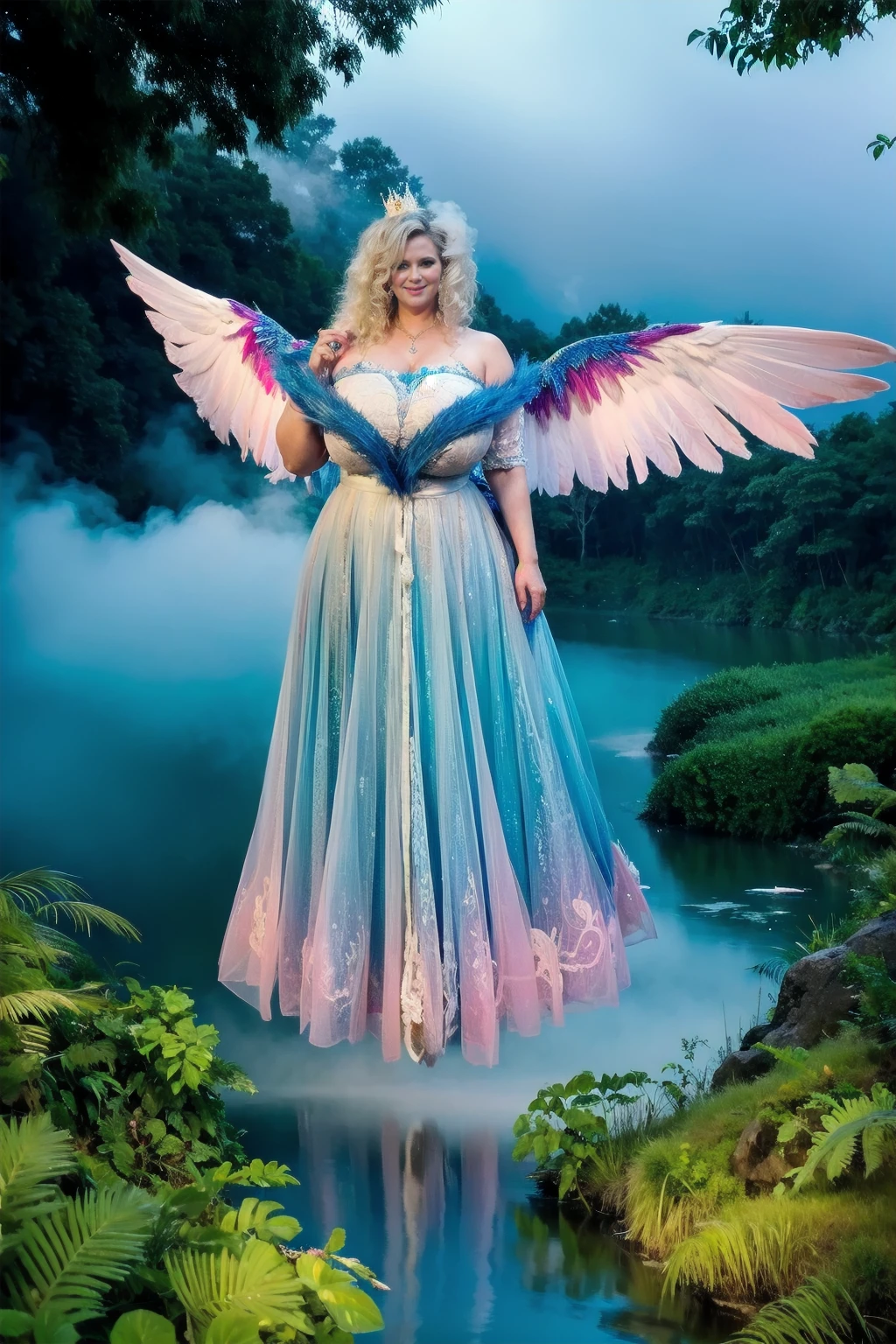 (Horible horror beauty)beautiful big wings on back shoulder,Middle-aged French tall and thick woman in misty fog forests river with beautiful big long wings, real natural big wing on back shoulder，forest freshwater river deep forest scenary, forest full with den fog and smoke, Indian background,gorgeous very tall and big woman,French faces, smiling and jumping,, beautiful diamond crown, realistic crown,Delicatemakeup，curvesious body tall and thick woman,Sexy and feminine，grin，Wrinkles at the corners of the eyes，with long braided hair, white and blue frock，loose skin，Large sagging breasts，Towering breasts，Thin waist with wide hips，White pearl Necklace,White heels，Tall and tall，Stand up，Open posture, beautiful real big wings , unknown jungle forest full with fog and smoke, beautiful flowing fresh river water on background(area full with fog and darkness) horrible, horror