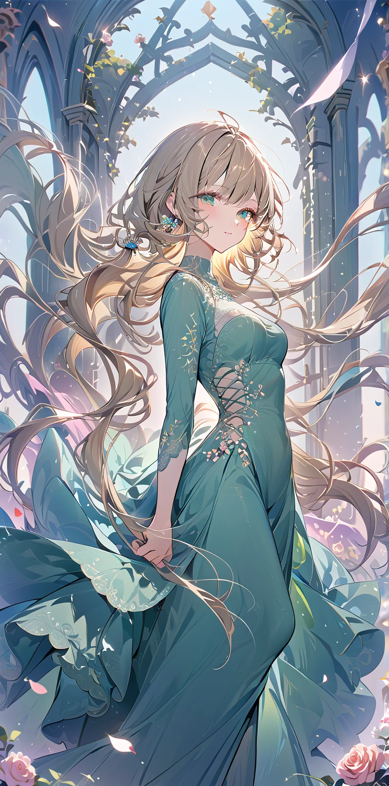 1girl, Rose gold blonde hair, absurdly long wavy hair ponytail, emerald green eyes, small mouth, slender body, large breast, arms behind back, lace long dress, ribbons swaying, white background, blooming pale pink flowers, petals dancing in the wind, soft light enveloping the scene, dreamlike atmosphere, contrapposto, gentle smile, look at viewer, breast focus, soft focus, lens flare, masterpiece, best quality, pastel tones, lace details, ultra-detailed texture, perfect composition, high resolution, sharp focus, delicate brushwork, Vector Art, 2D flat, sleek design, AddXL, Dream Scenery, vibrant accents, lace-patterned details, simple shapes, flat colors, additional XL elements, and a dreamy, fantastical scenery