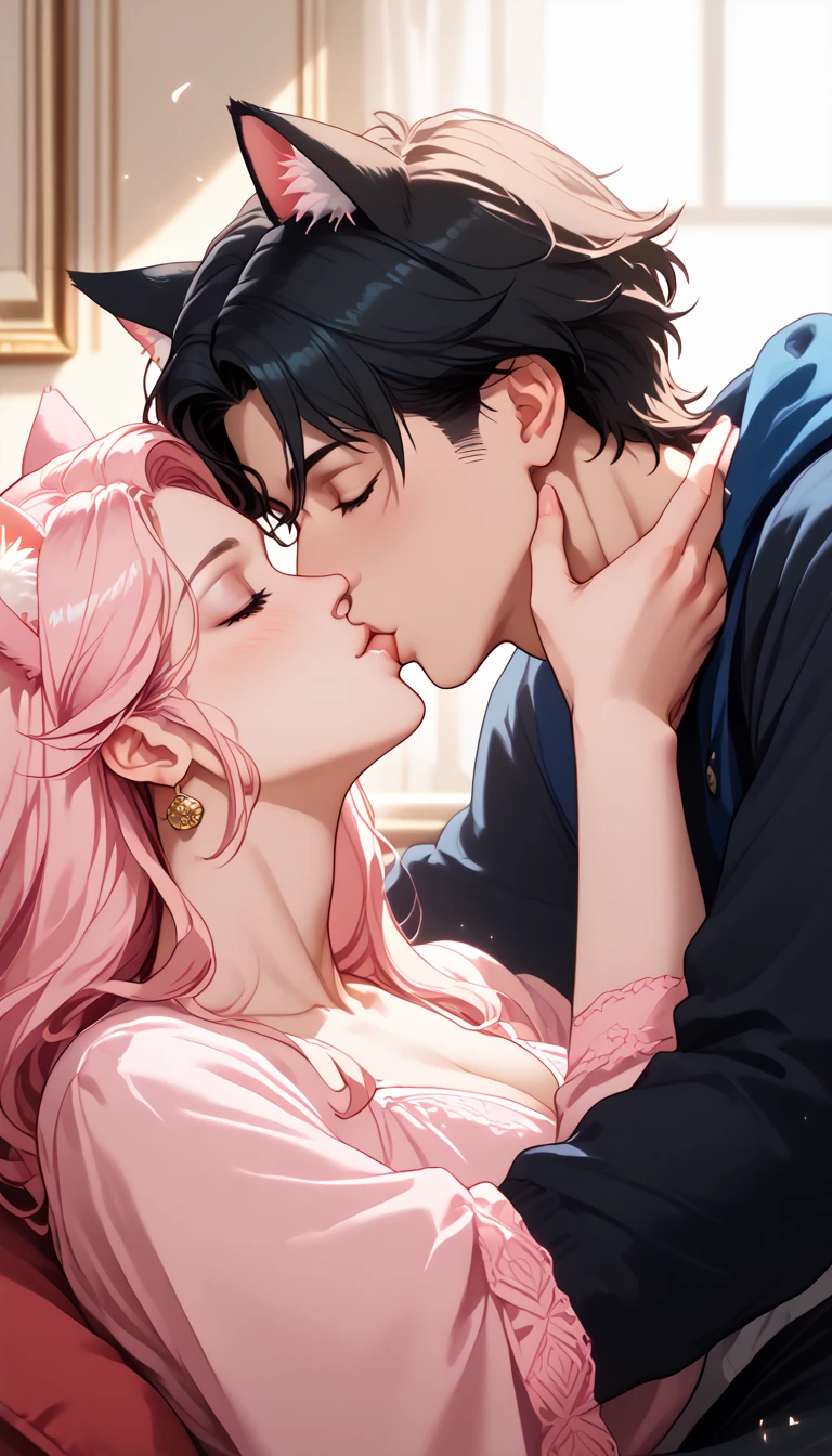 (best illustration, masterpiece) high resolution, close-up, soft skin,, [(cat ears, black fur, pink inside:1.2), (kiss, romantic, intimate):1.3],