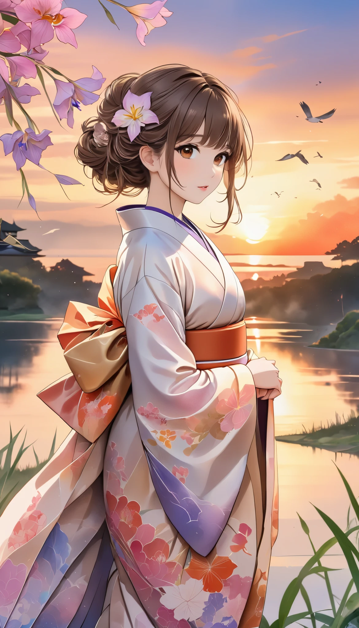 (masterpiece,  high definition , High image quality, 8k,  best quality), Japanese painting,  Watercolor and Oil Paintings Fusion ,  beautiful brown eyes, Shiny, silky, tousled hair,  adorable cute expression ,  perfect proportions, Mid-chest, Wearing a colorful Japanese kimono, evening clouds , Sunset,  birds are flying, Iris Effect,  backgrounds, 