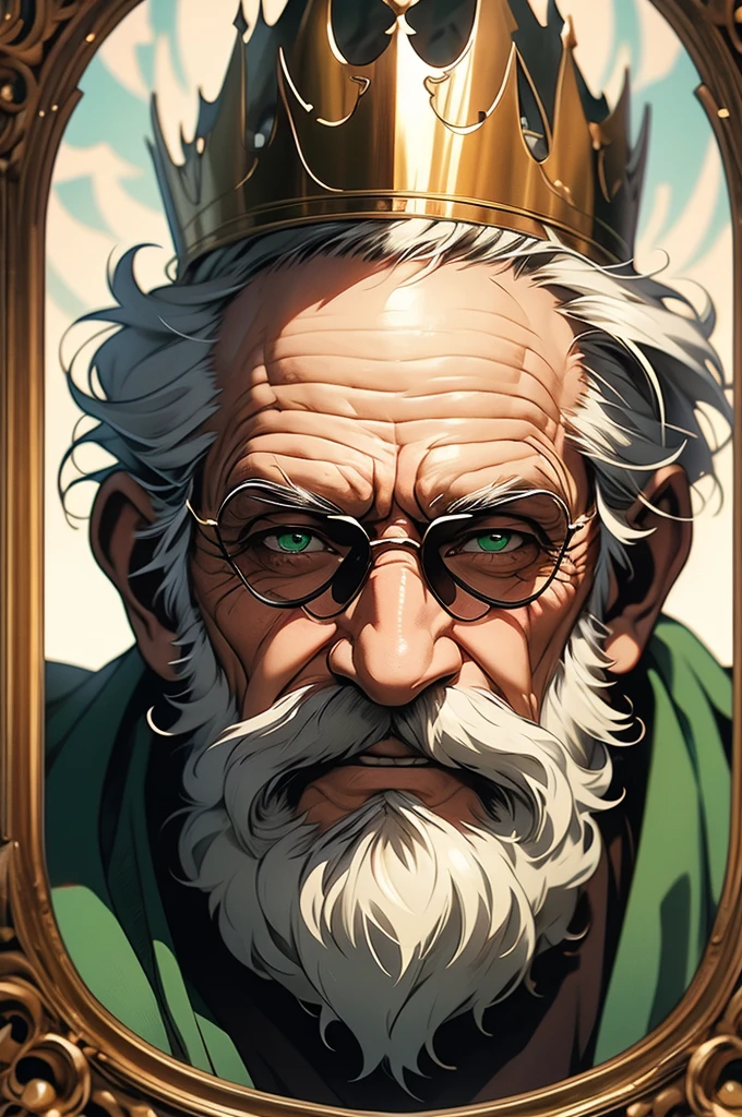 [art, ultra graphic, details in the image, 4k, 32k, anime] image focused on the character's face, elderly man, green eyes, king, staring at the viewer, gentle expression, smile on the face, image inside an old frame