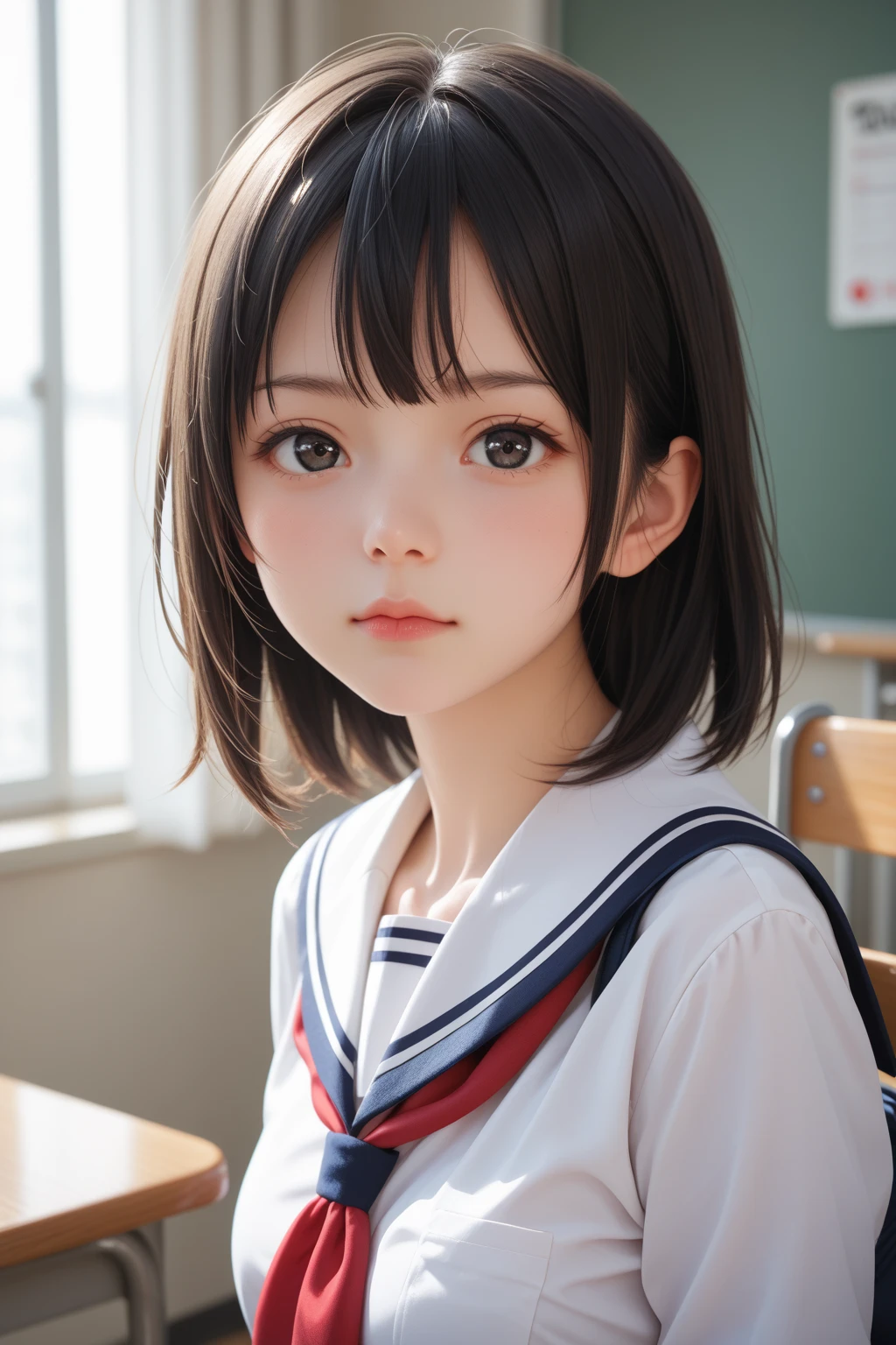 score_9,score_8_up,score_7_up,BREAK, rating_safe,source_real,one girl,tiny,medium shot,small face,protruding eyes,round face,short lower face,round chin,small eyes,idol eyes,black eye,school uniform,small nose,small mouth,straight hair,looking at viewer,medium breasts,indoors