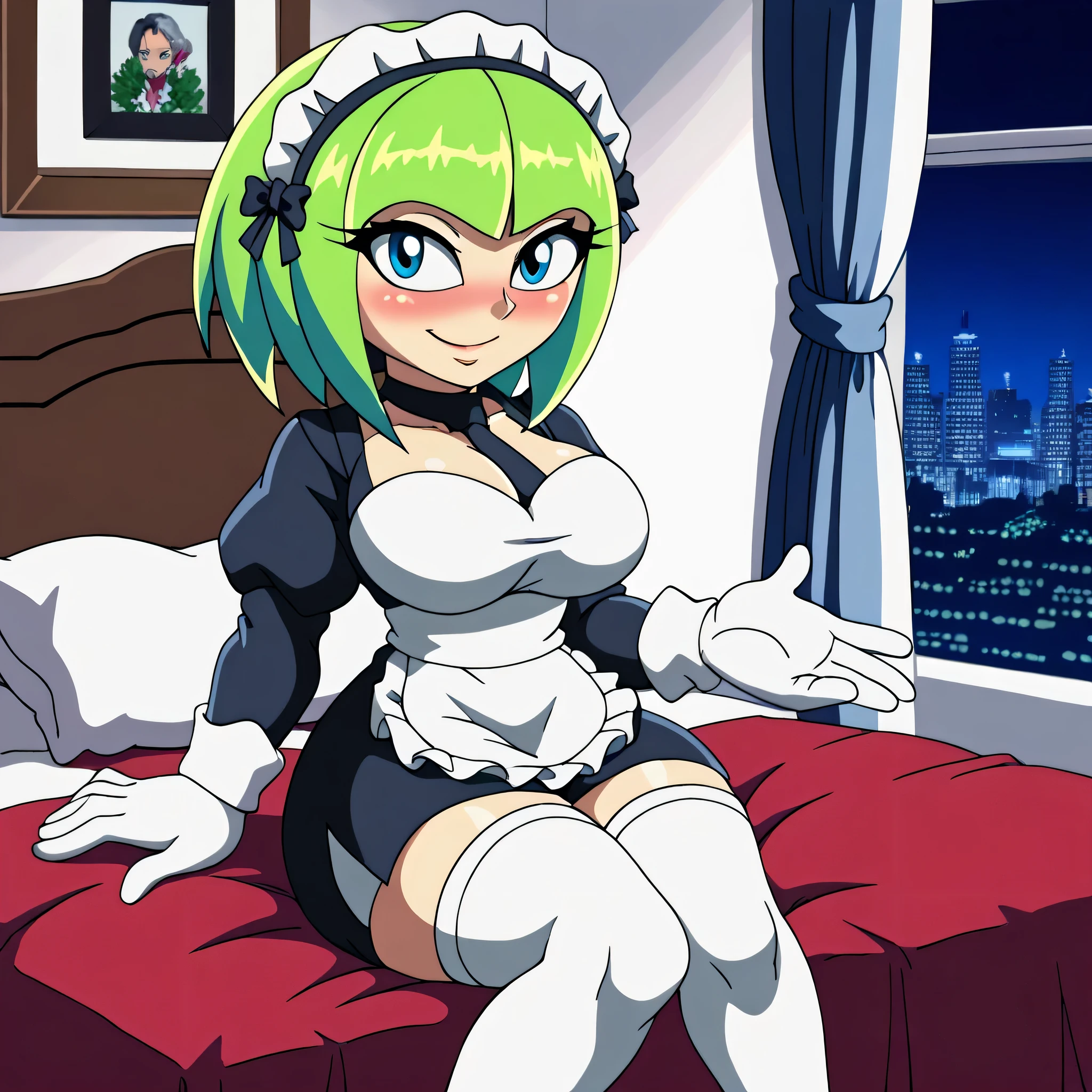 Cosmo the seedrian,  flirty look ), ),  blue eyes, Big breasts , black neck strap,white skirt , light blue vest ,comfortable clothes, big thighs,Closed Mouth Smiling , white socks  , Sitting on the bed, black maid   (  white gloves )  In a room at night,blush,black maid 