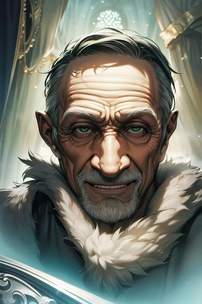 [art, ultra graphic, details in the image, 4k, 32k, anime] image focused on the character's face, elderly man, green eyes, king, staring at the viewer, gentle expression, smile on the face, image inside an old frame