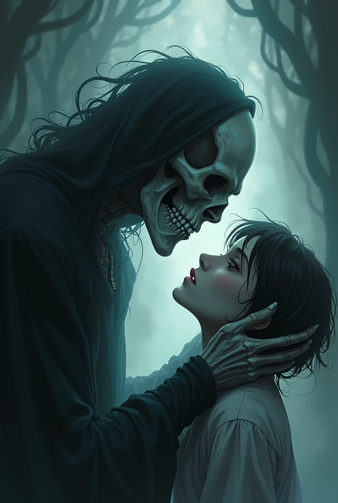 Boy with black hair and white hair,The hair hangs almost down to the neck,Wearing a half-dead mask,Skeleton in hood and scythe kisses his face,Stand at the intersection of light and darkness:HD graphics,Lots of ghosts wearing hoods,Terrifying and eerie texture。