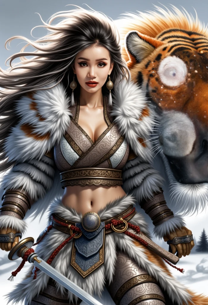Wearing warm winter clothing made of thick fur, Cleverly combines traditional Chinese design patterns with contemporary elements ,Messy fluffy hair, Fierce expression,Energetic, Sharp eyes, 1 fighter, Handsome face,tiger_beast, Epic Fantasy Character Art, wearing intricate fur armor, style of luis royo, Northern female warrior holding a spear