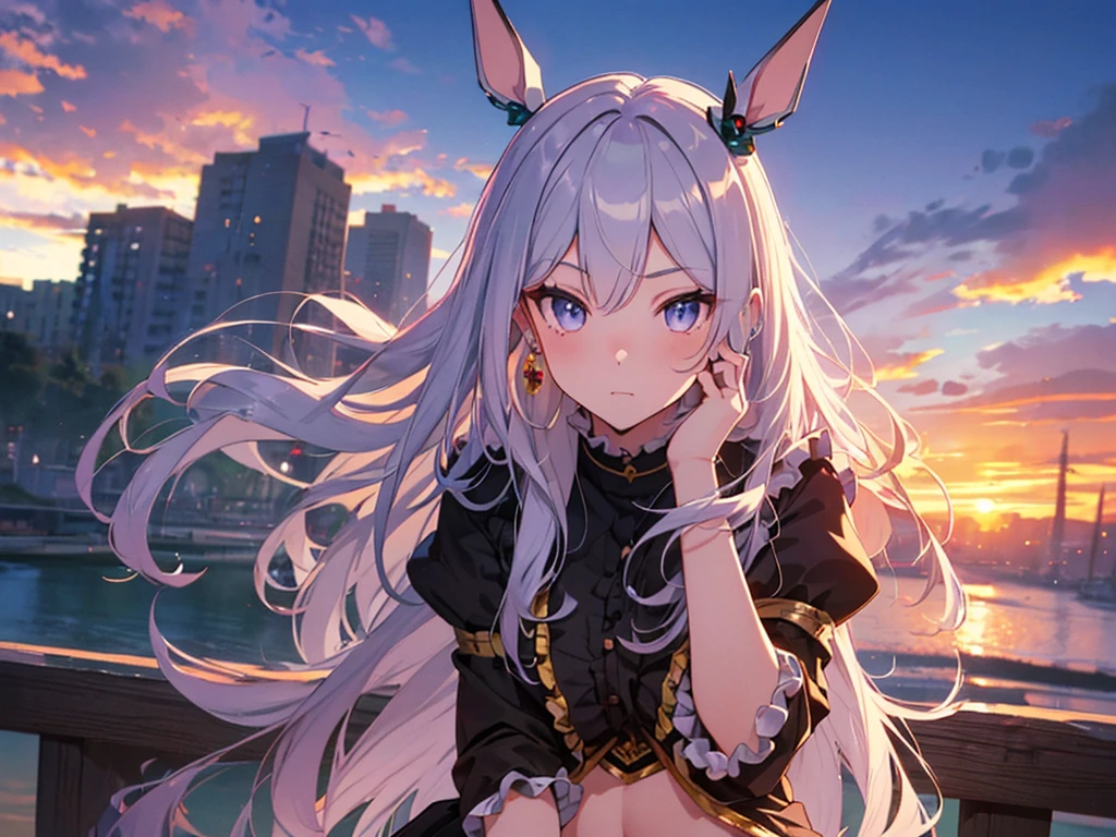 Alone, 1 girl, (human ears, earrings), (Anime Face),( hair ornament), (((sitting, hands on face))), (black casual dress with ruffled sleeves, black skirt with ruffles), ( sunset sky, sunset sun) , evening sky), (focus on chest, Oblique angle), (high resolution, masterpiece, accurate, anatomically correct, multiple award winning, top quality, detailed, high quality model, high quality , retina, highly detailed, textured skin, ultra-high resolution)、((Place the character in the center、 upper body))
