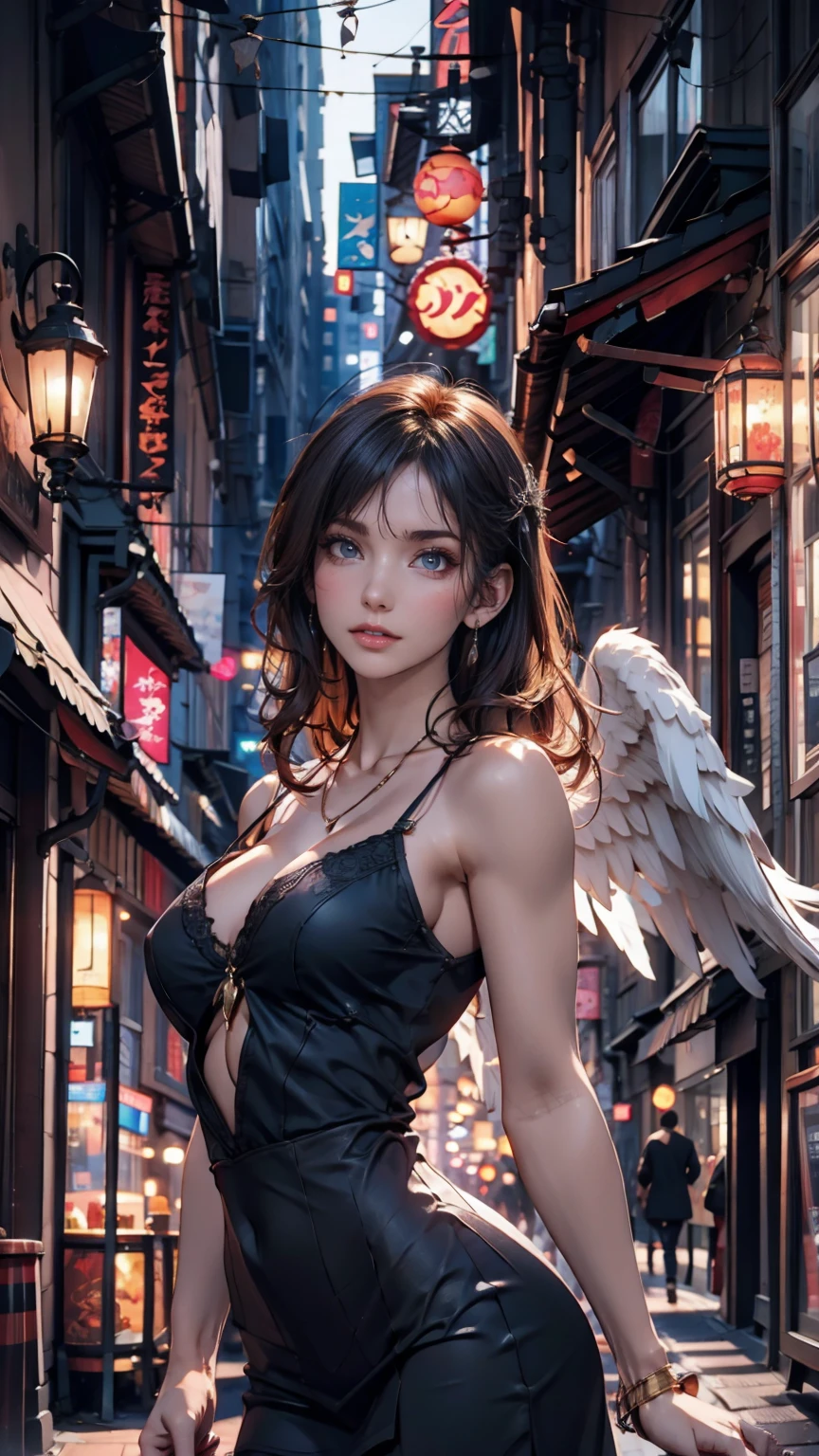 ((highest quality)), ((masterpiece)), (detailed: 1.4), 3D, beautiful cyberpunk female statue, HDR (high dynamic range), ray tracing, NVIDIA RTX, super resolution, unreal 5, Scattered beneath the surface, PBR texture, Post-processing, anisotropic filtering, Depth of the bounds written, maximum sharpness and sharpness, multilayer texture, Albedo and highlight mapping, surface coloring, Accurate simulation of material interactions, perfect proportions, octane rendering, two color light, Large Diameter, Low ISO, White balance, normal three point, 8K RAW, Beautiful and bright pupils, flowing robe, splendid pupils, delicate face and eyes, long eyelashes, blush, fluffy hair, pink lips, Pure, cute, sweet girl, cherry blossom petals fall, butterfly, casual wear, luxury、smile、cleavage