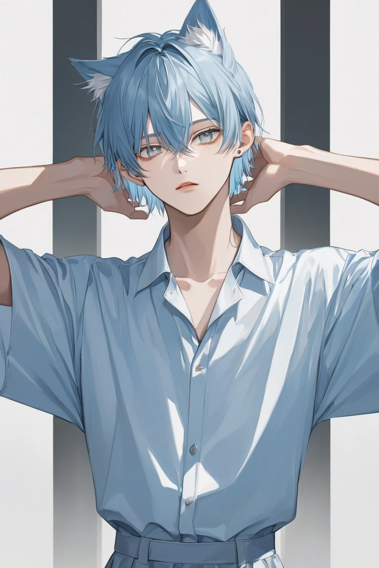 male、Tsundere、Contrary、Light blue hair、Age 15、 shaggy short 、Long back hair 、 fashionable short hair 、 bangs between eyes、Long bangs、 wearing horizontal hair {x} hanging over ears、Three white eyes、 zitales、Grey Eyes、 young man pose 、 current trendy clothes 、Realistic Background 