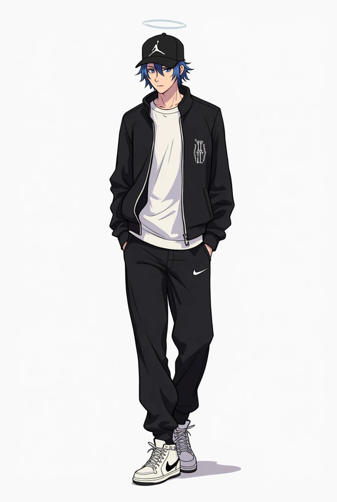 Draw a character  (masculine)  well dressed in black angelic pants and a black and white long-sleeved shirt and a black hat with a white symbol and a white Nike sneaker with a black Nike symbol and a white Nike sneaker with the Nike symbol black 