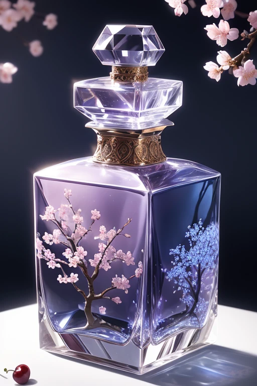 Bottle Design 、ornate gothic carved luxury square perfume bottle、　 Decorated with Beautiful Cherry Blossom Flowers and Birds 、blue color background 　 silver lighting、Precisely made 、 shot by a professional photographer 、Excellent lighting、 greatest masterpiece