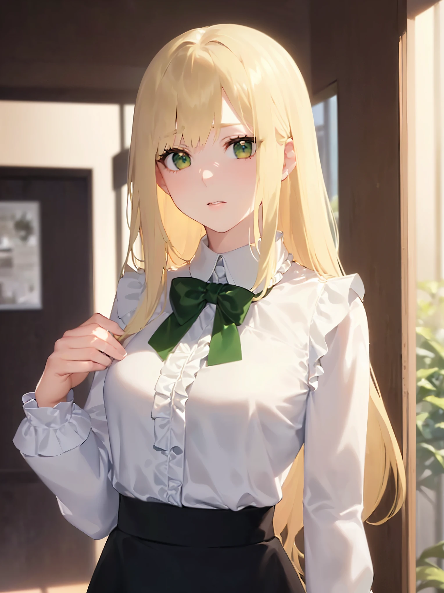 ((Tabletop, highest quality, High resolution, Perfect Pixel, Depth of written boundary, 4K))), One Girl, single, alone, Beautiful Anime Girls, Beautiful art style, Anime characters, ((Long Hair, bangs, Dark brown hair, Curly Hair:0.8)), ((Green Eyes:1.4, Fine grain, Beautiful Eyes, Perfect Eyes,Curled eyelashes, Realistic eyes)), ((Detailed face, Blushing:1.2)), ((Smooth texture:0.75, Realistic texture:0.5, Anime CG Style)), Huge breasts that look like they might explode, Dynamic Angle, Big Breasts, Perfect body, Dynamic pose, ((Red bow tie, , Black jacket, Open jacket, Brown cardigan, White shirt, Black Skirt, Checked skirt)), smile, Open your mouth, Put your arms behind your back, Leaning forward, Amalment Park