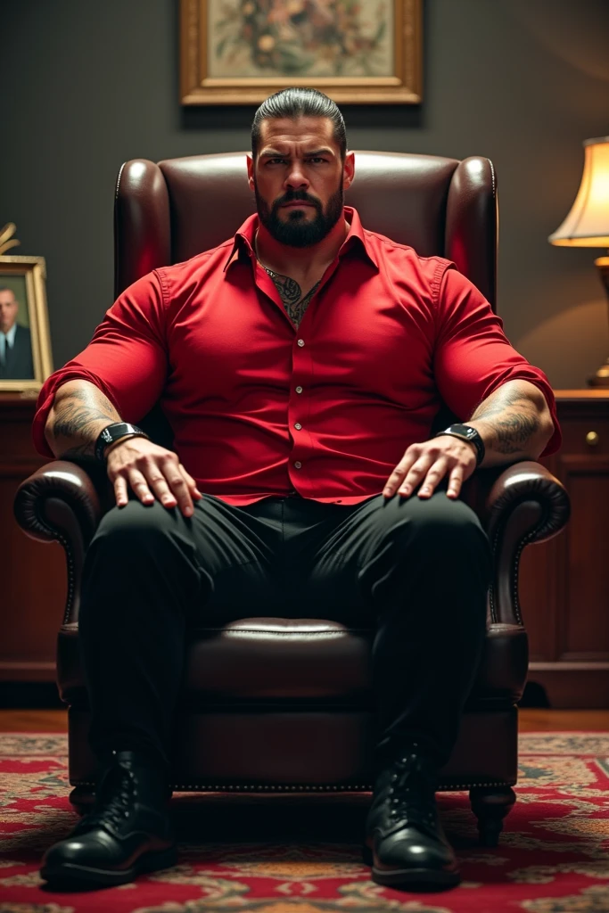 A yong muscled rugged man sitting in the grand chair in front of the wall and in tha wall the word KISHORE was written