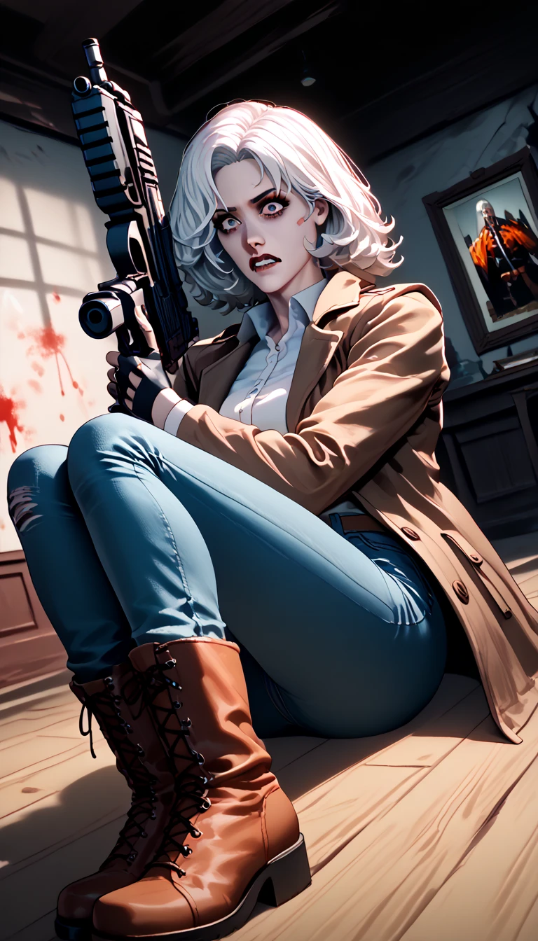 (suspense scene ((CONCEPT ART)), extremely detailed with a girl wearing jeans with brown coat and boots), (better lighting, better shadow, an extremely delicate and scary), (digital illustration), ((4k painting)), [(dynamic angle,((1girl)),white hair, (beautiful face, perfect face, scared,) expression of fear, torn clothes, a gun in hand, sitting on the floor, darkness, scary house),  [:(dark, mysterious, game paint, sinister setting, jagged corridors, big house, deadly silence):]