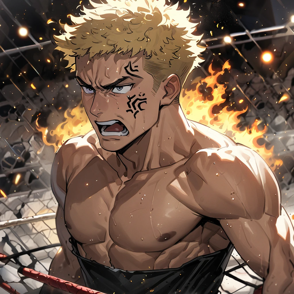 hands behind head, masterpiece, best quality red eyes, game cg, 1boy naked and V-Line sweating, solo, male focus, (looking at viewer), upper body sweating, bakugo katsuki, yellow hair, red eyes, shirtless naked, toned muscle sweating, pectorals, 8 abs, toned legs, naked legs, slightly bulged, detailed, dynamic lighting, well lit, naked body, explosionmagic in the air, glowing aura in the background