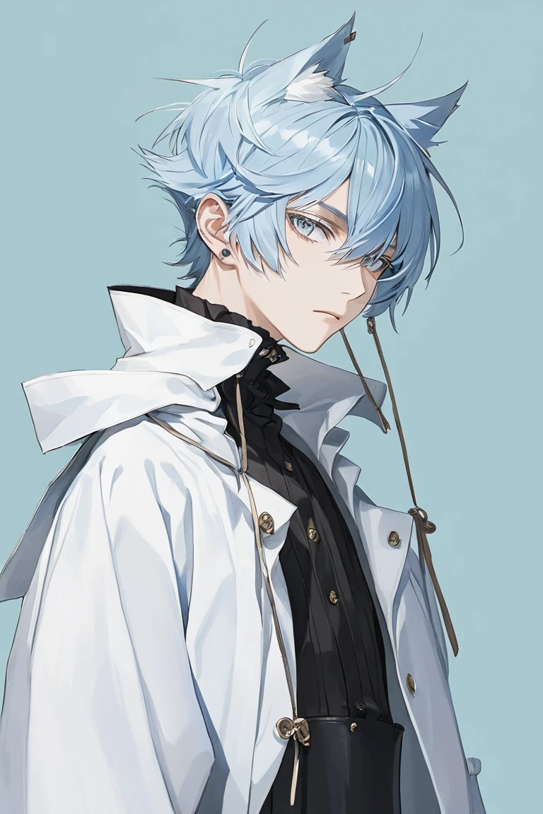 male、Tsundere、Contrary、Light blue hair、Age 15、 shaggy short 、Long back hair 、 fashionable short hair 、 bangs between eyes、Long bangs、 wearing horizontal hair {x} hanging over ears、Three white eyes、 zitales、Grey Eyes、 young man pose 、 current trendy clothes 、Realistic Background 